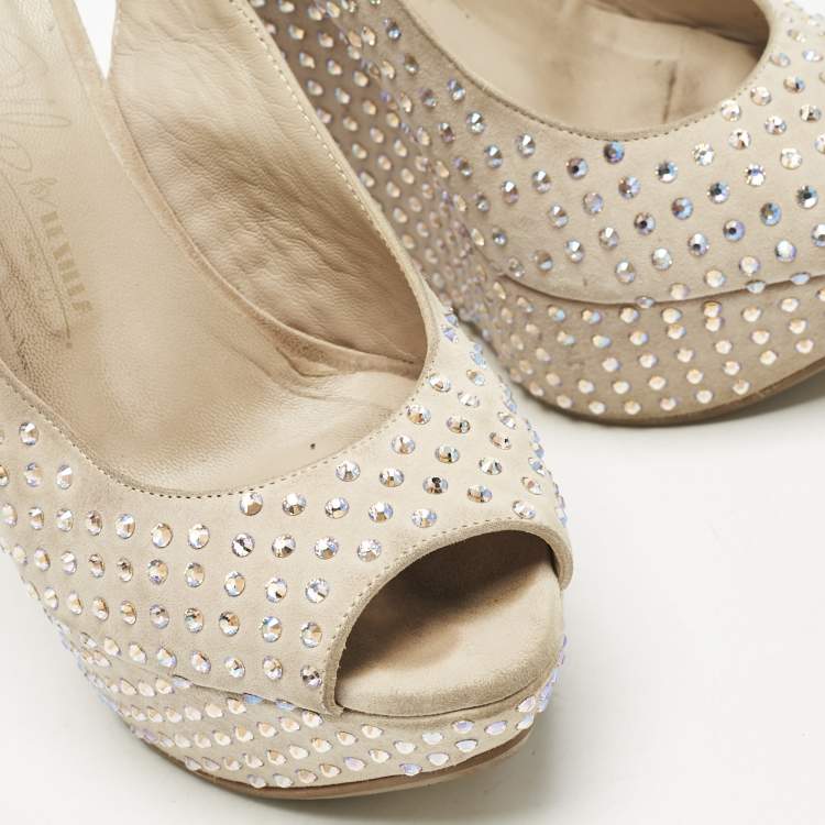 Pre Owned Le Silla Beige Suede Crystal Embellished Wedge Sandals Size 38