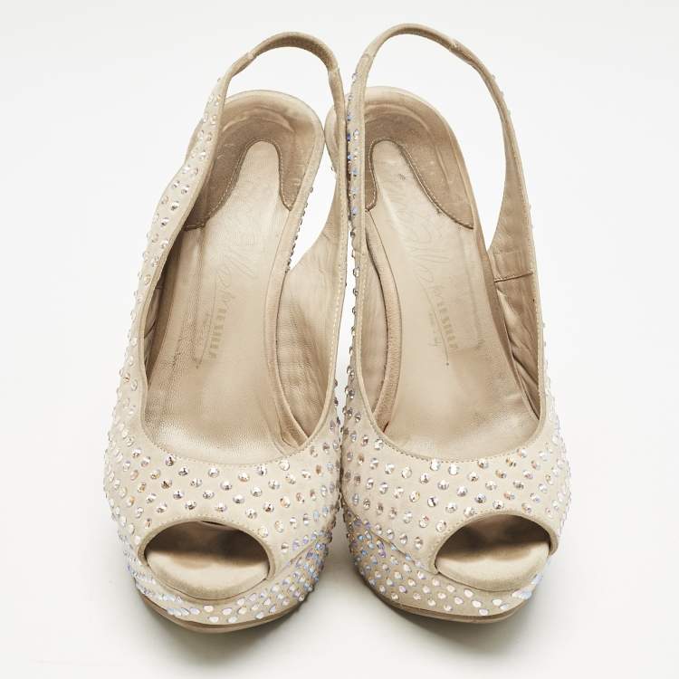 Pre Owned Le Silla Beige Suede Crystal Embellished Wedge Sandals Size 38
