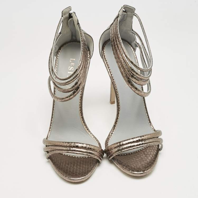 Pre Owned Le Silla Metallic Snakeskin Embossed Leather Strappy Ankle Strap Sandals Size 37