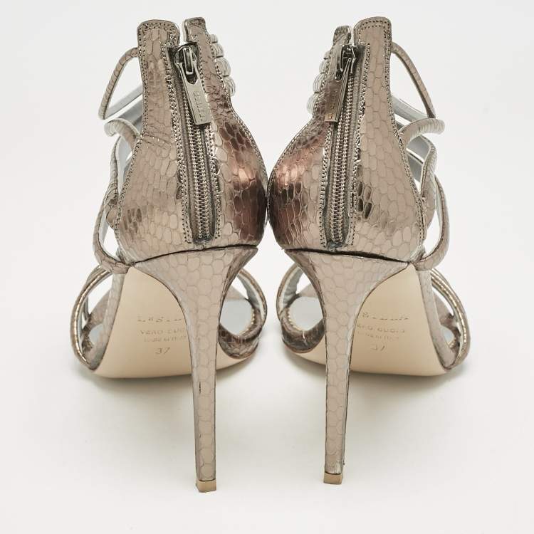 Pre Owned Le Silla Metallic Snakeskin Embossed Leather Strappy Ankle Strap Sandals Size 37