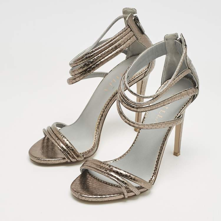 Pre Owned Le Silla Metallic Snakeskin Embossed Leather Strappy Ankle Strap Sandals Size 37