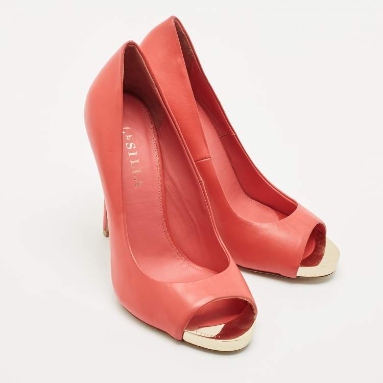 Pre Owned Le Silla Red Leather Gabry Peep Toe Pumps Size 38.5