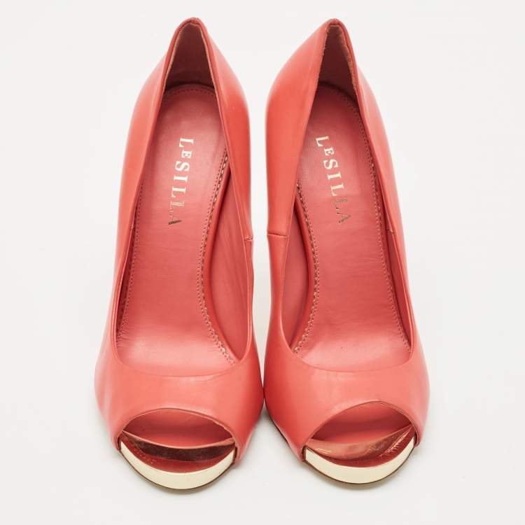 Pre Owned Le Silla Red Leather Gabry Peep Toe Pumps Size 38.5