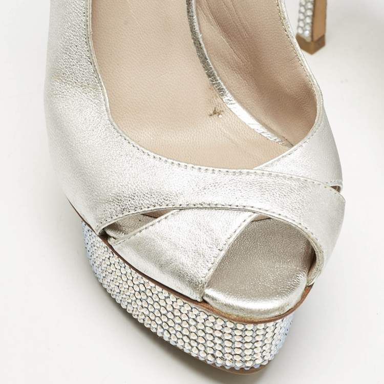 Pre Owned Le Silla Metallic Silver Leather Crystal Embellished Platform Slingback Sandals Size 36