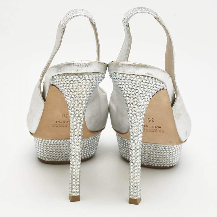 Pre Owned Le Silla Metallic Silver Leather Crystal Embellished Platform Slingback Sandals Size 36