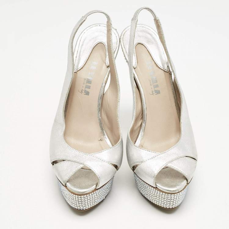 Pre Owned Le Silla Metallic Silver Leather Crystal Embellished Platform Slingback Sandals Size 36