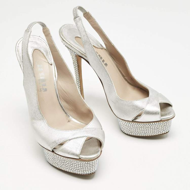 Pre Owned Le Silla Metallic Silver Leather Crystal Embellished Platform Slingback Sandals Size 36