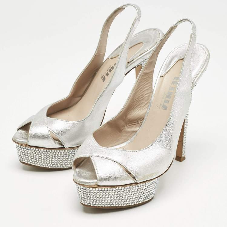 Pre Owned Le Silla Metallic Silver Leather Crystal Embellished Platform Slingback Sandals Size 36