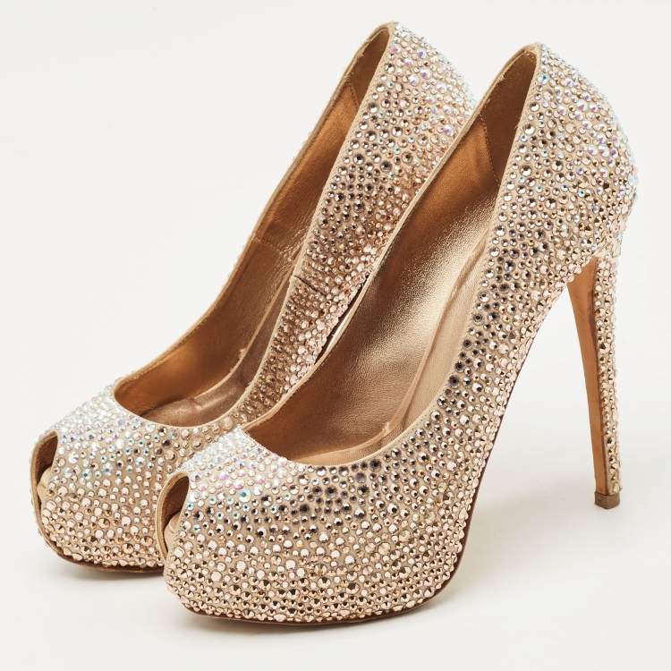Pre Owned Le Silla Metallic Beige Satin Crystal Embellished Peep Toe Platform Pumps Size 37
