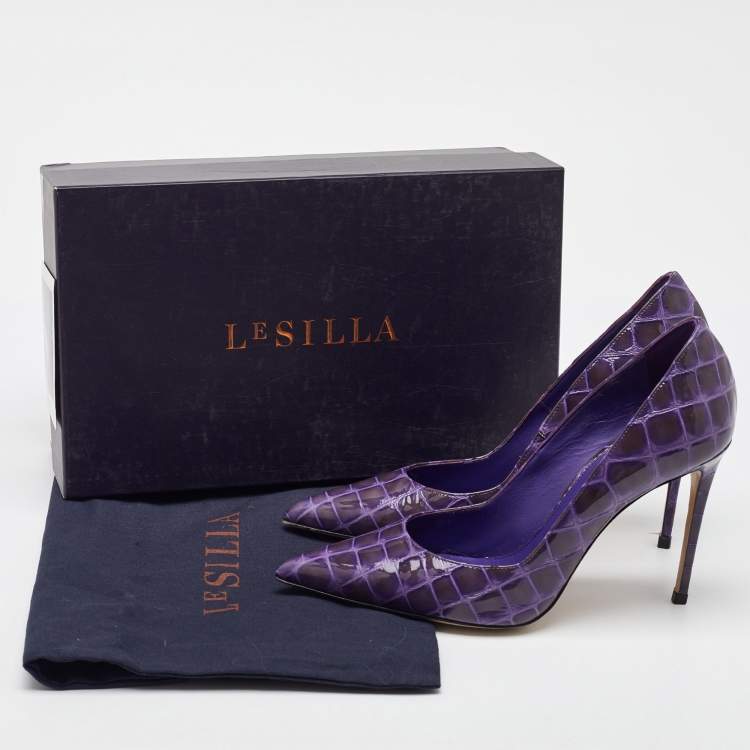 Pre Owned Le Silla Purple Croc Embossed Patent Leather Pointed Toe Pumps Size 36.5