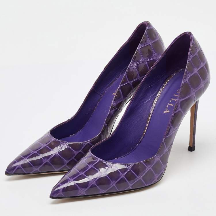 Pre Owned Le Silla Purple Croc Embossed Patent Leather Pointed Toe Pumps Size 36.5