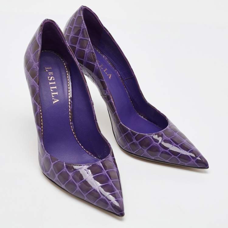 Pre Owned Le Silla Purple Croc Embossed Patent Leather Pointed Toe Pumps Size 36.5