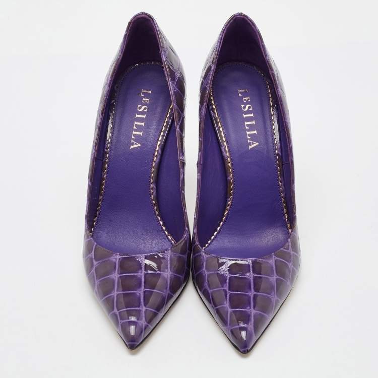 Pre Owned Le Silla Purple Croc Embossed Patent Leather Pointed Toe Pumps Size 36.5