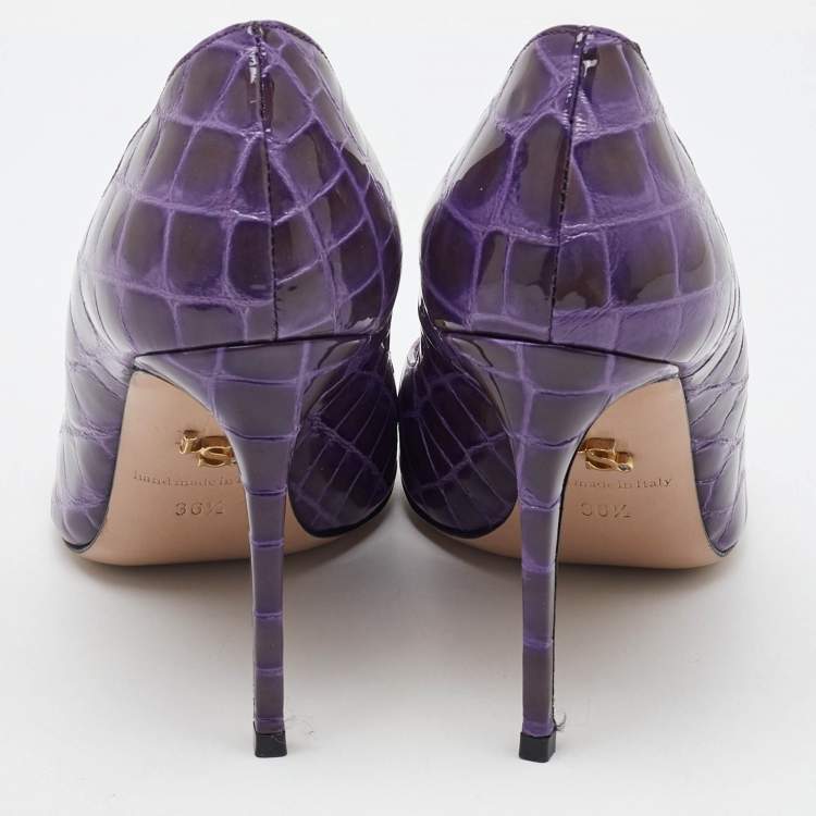 Pre Owned Le Silla Purple Croc Embossed Patent Leather Pointed Toe Pumps Size 36.5