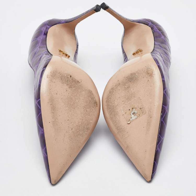 Pre Owned Le Silla Purple Croc Embossed Patent Leather Pointed Toe Pumps Size 36.5