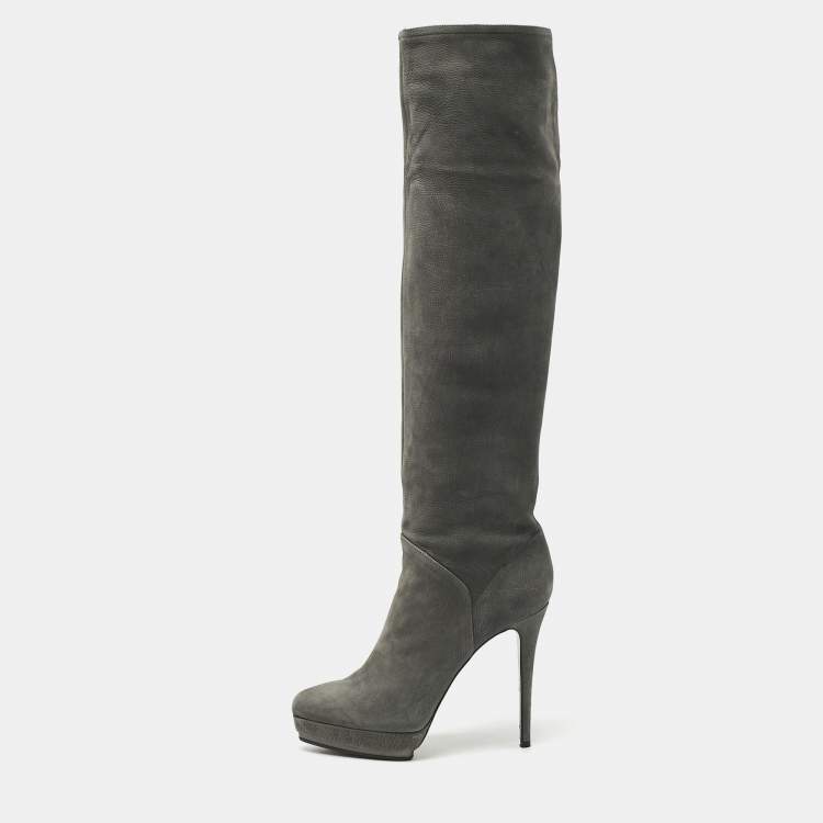 Pre Owned Le Silla Grey Nubuck Leather Velour Knee Length Boots Size 38