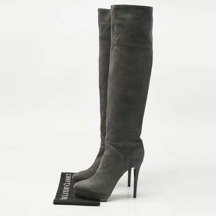 Pre Owned Le Silla Grey Nubuck Leather Velour Knee Length Boots Size 38