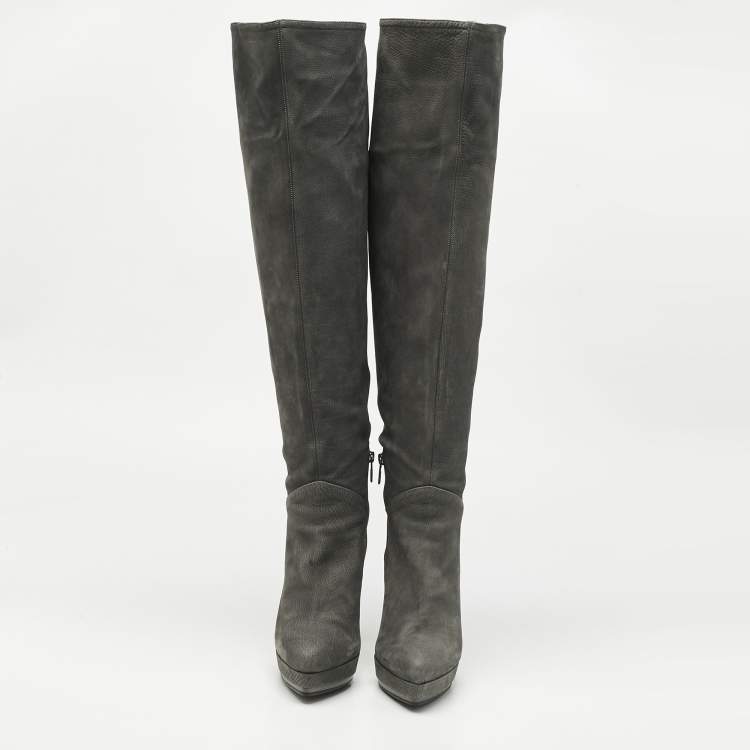 Pre Owned Le Silla Grey Nubuck Leather Velour Knee Length Boots Size 38