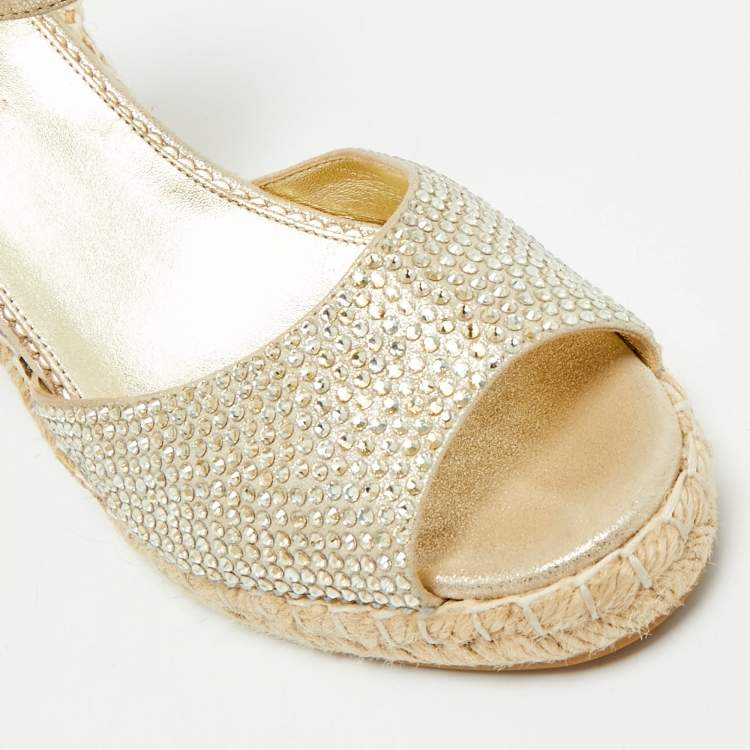 Pre Owned Le Silla Gold Leather and Suede Crystal Embellished Espadrille Wedge Sandals Size 38