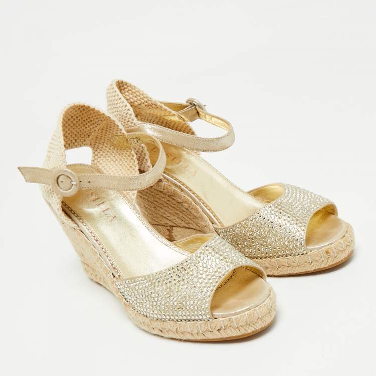 Pre Owned Le Silla Gold Leather and Suede Crystal Embellished Espadrille Wedge Sandals Size 38