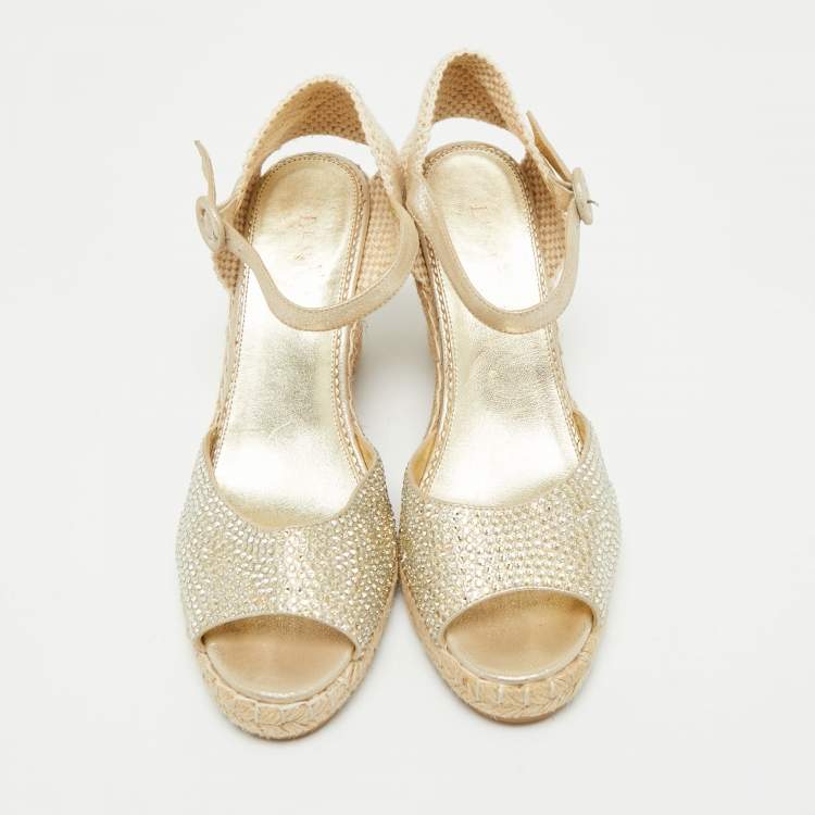 Pre Owned Le Silla Gold Leather and Suede Crystal Embellished Espadrille Wedge Sandals Size 38