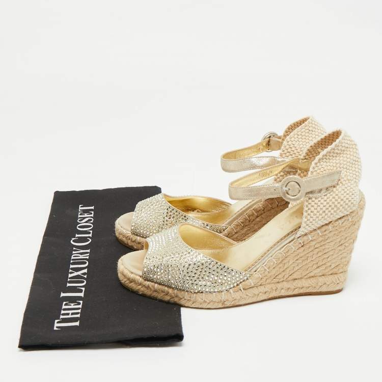 Pre Owned Le Silla Gold Leather and Suede Crystal Embellished Espadrille Wedge Sandals Size 38