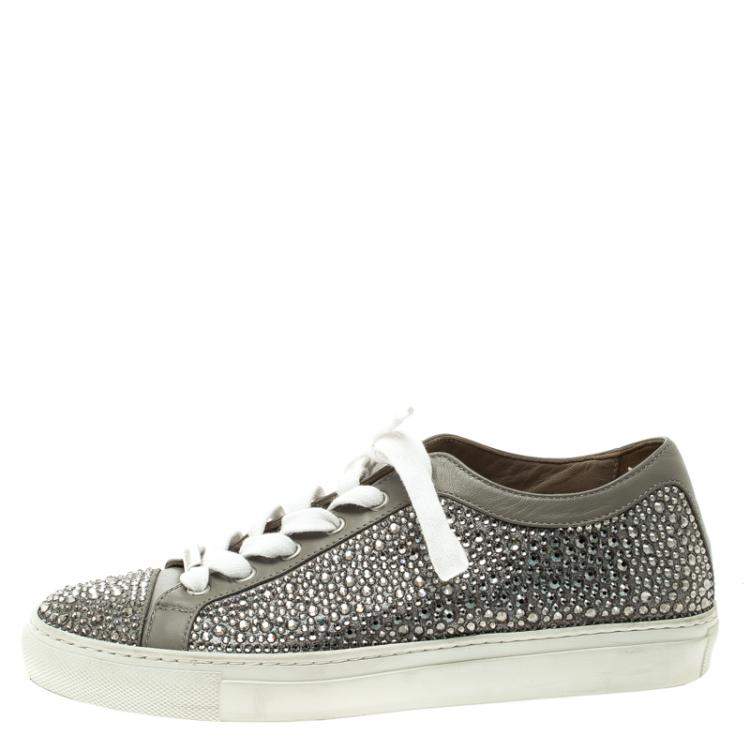 Pre Owned Le Silla Grey Crystal Embellished Leather Lace Up Sneakers Size 36