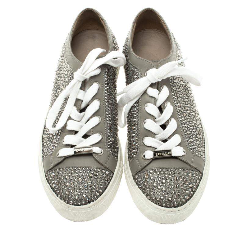 Pre Owned Le Silla Grey Crystal Embellished Leather Lace Up Sneakers Size 36