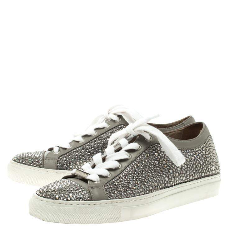 Pre Owned Le Silla Grey Crystal Embellished Leather Lace Up Sneakers Size 36
