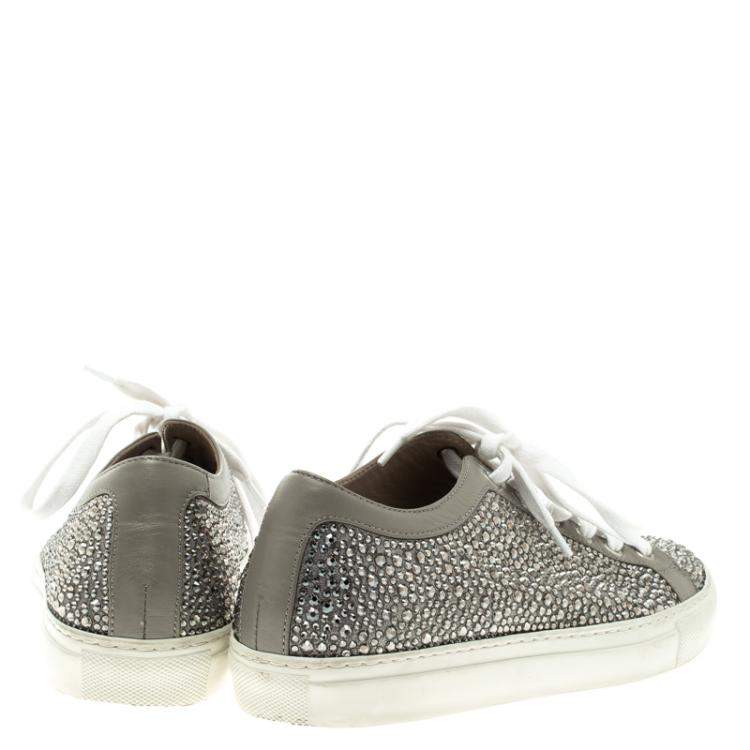 Pre Owned Le Silla Grey Crystal Embellished Leather Lace Up Sneakers Size 36