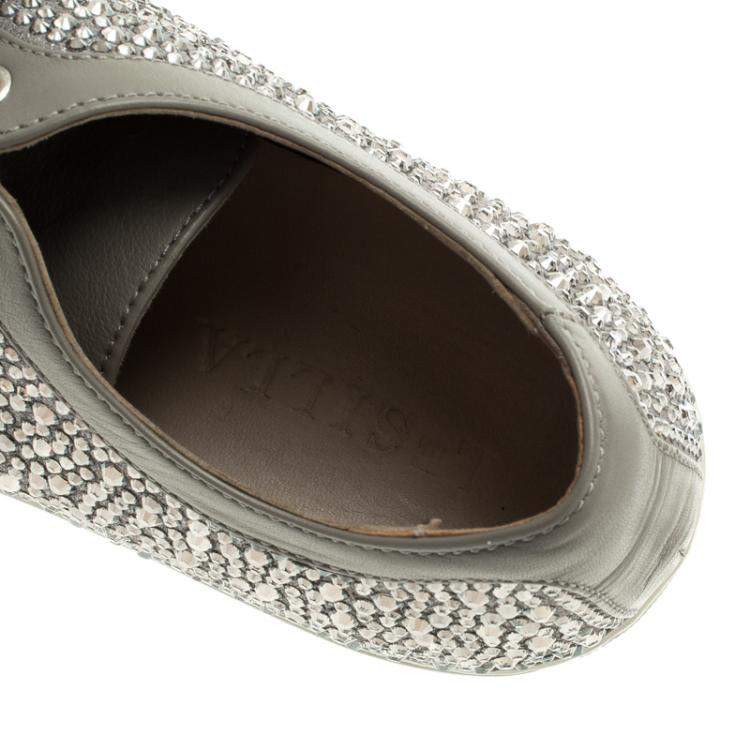 Pre Owned Le Silla Grey Crystal Embellished Leather Lace Up Sneakers Size 36