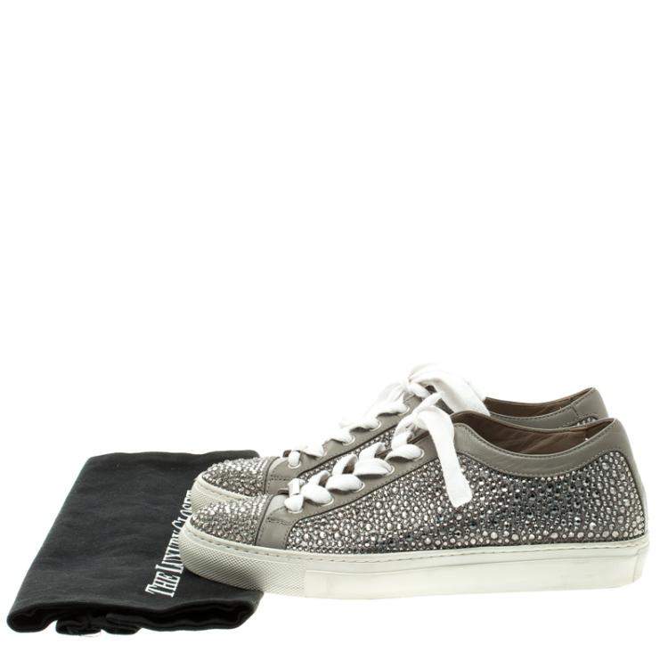 Pre Owned Le Silla Grey Crystal Embellished Leather Lace Up Sneakers Size 36