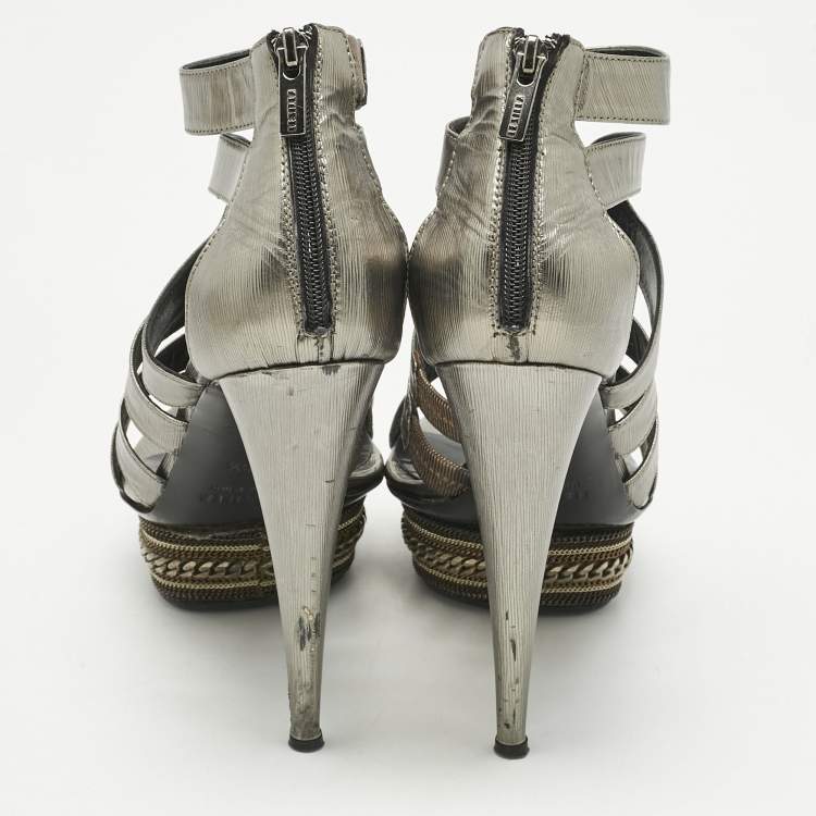 Pre Owned Le Silla Metallic Suede Ankle Strap Sandals Size 38.5