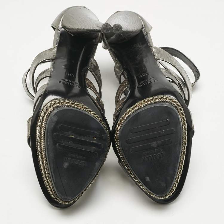 Pre Owned Le Silla Metallic Suede Ankle Strap Sandals Size 38.5