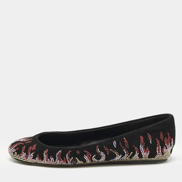 Pre Owned Le Silla Black Suede Fire Crystals Embellished Ballet Flats Size 36
