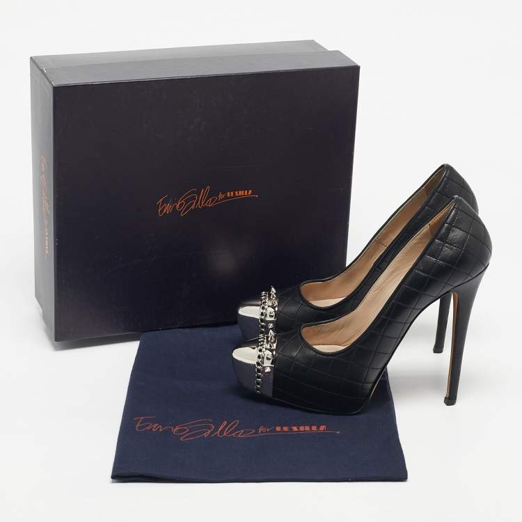 Pre Owned Le Silla Black Quilted Leather Spikes Platform Pumps Size 36.5