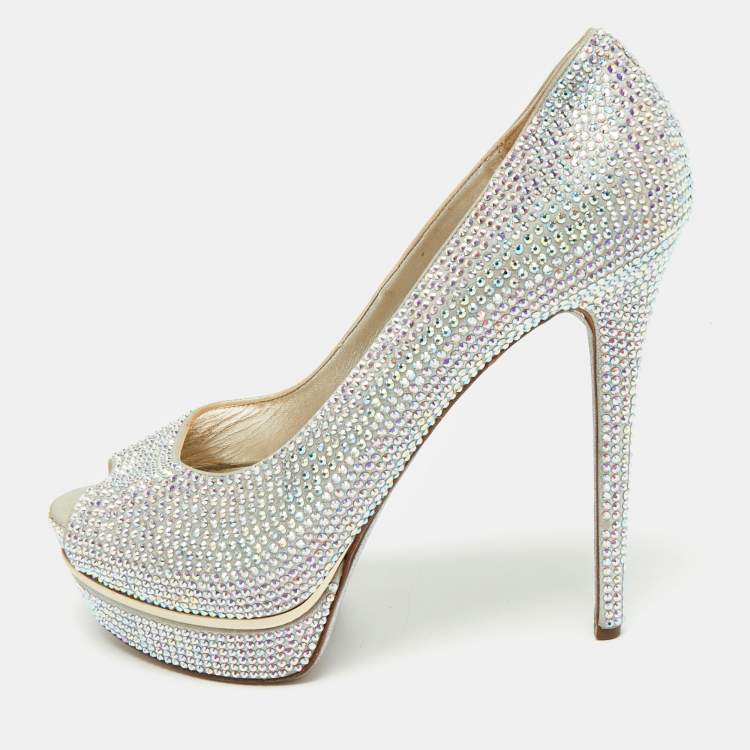 Pre Owned Le Silla Silver Texture  Suede and Crystal Embellished Peep Toe Pumps Size 39
