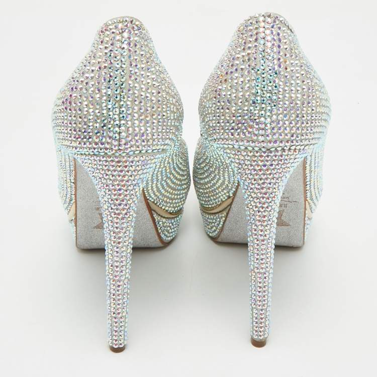 Pre Owned Le Silla Silver Texture  Suede and Crystal Embellished Peep Toe Pumps Size 39