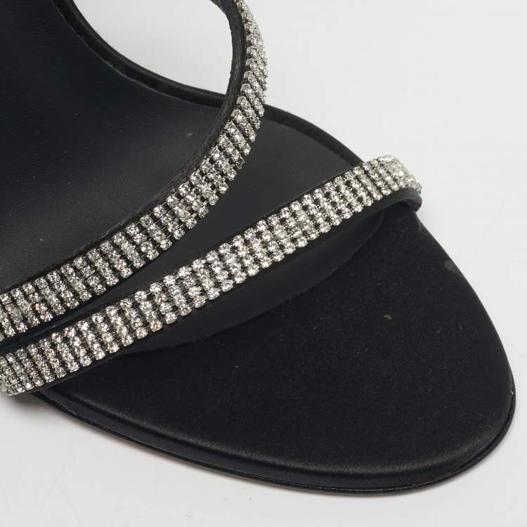 Pre Owned Le Silla Black Satin Crystal Embellished Jewels Ankle Wrap Sandals Size 39