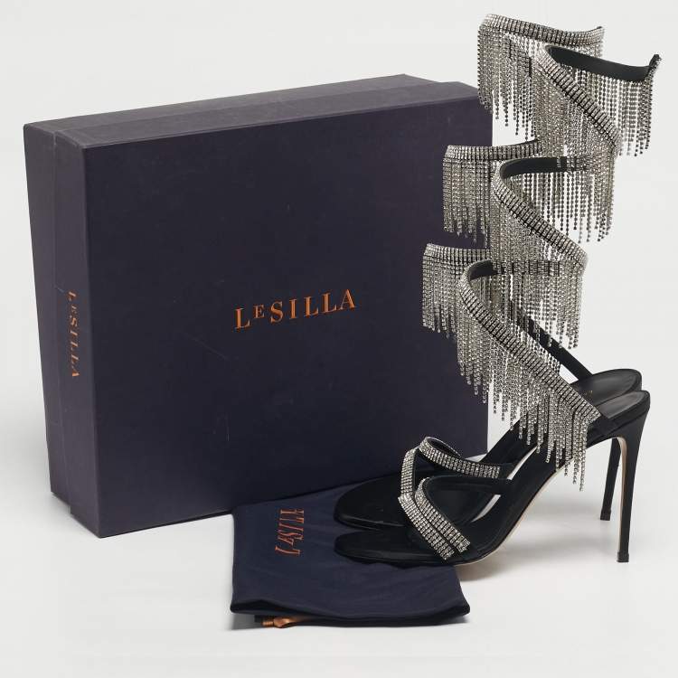 Pre Owned Le Silla Black Satin Crystal Embellished Jewels Ankle Wrap Sandals Size 39