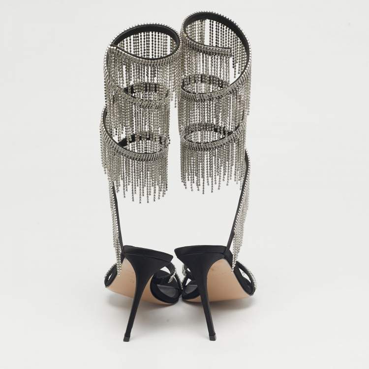 Pre Owned Le Silla Black Satin Crystal Embellished Jewels Ankle Wrap Sandals Size 39
