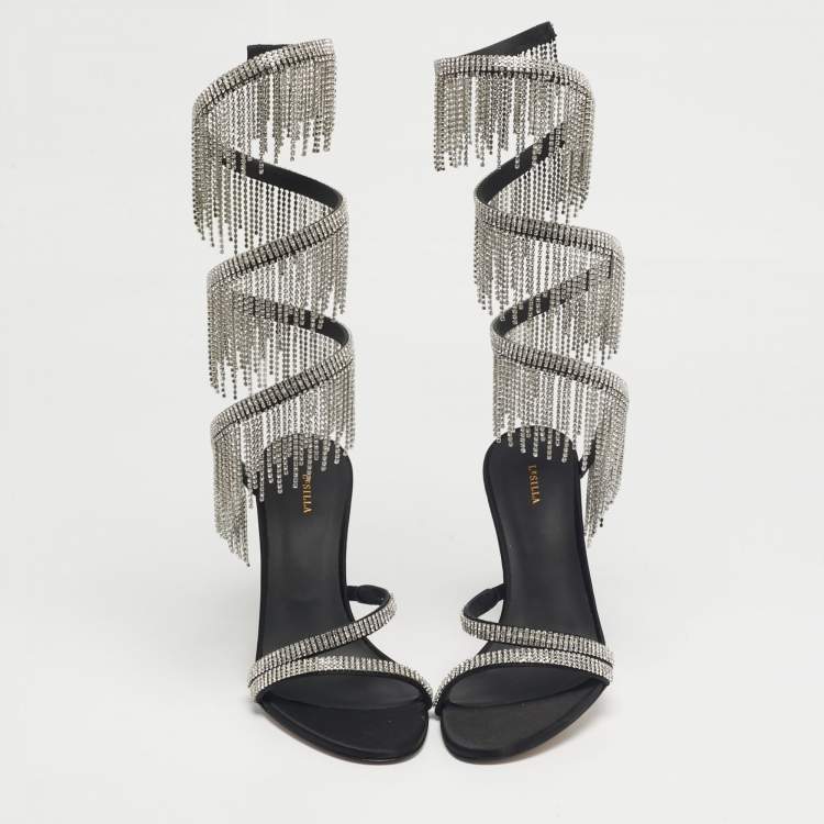 Pre Owned Le Silla Black Satin Crystal Embellished Jewels Ankle Wrap Sandals Size 39