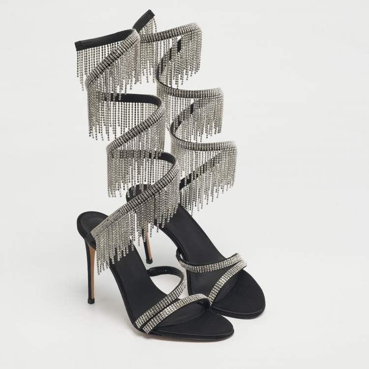 Pre Owned Le Silla Black Satin Crystal Embellished Jewels Ankle Wrap Sandals Size 39