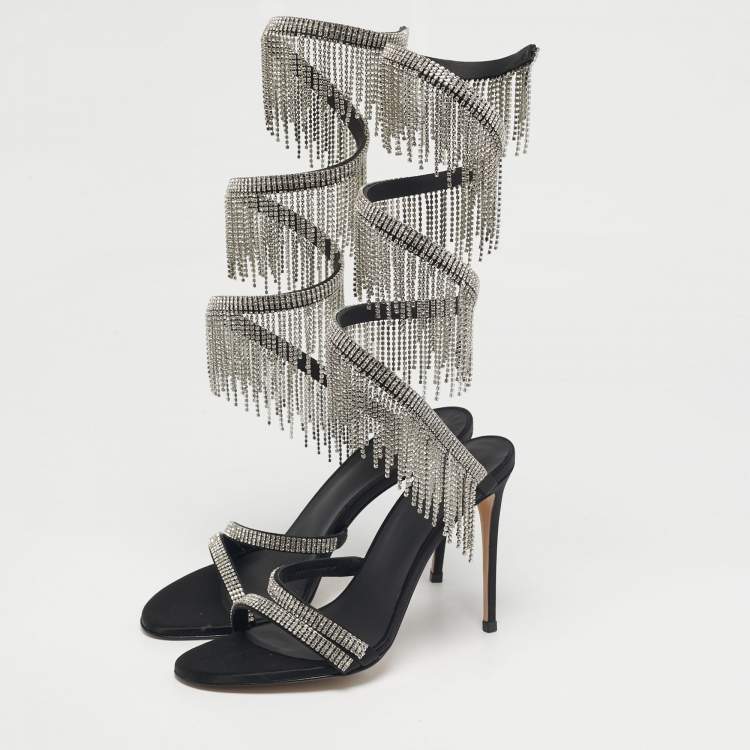 Pre Owned Le Silla Black Satin Crystal Embellished Jewels Ankle Wrap Sandals Size 39