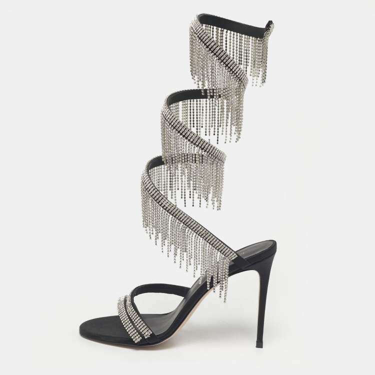 Pre Owned Le Silla Black Satin Crystal Embellished Jewels Ankle Wrap Sandals Size 39