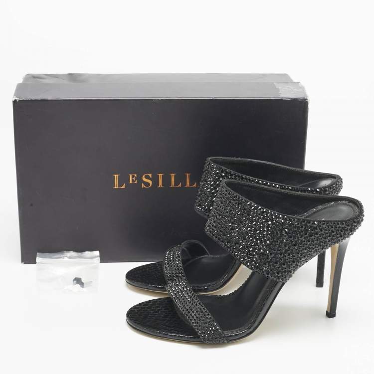 Pre Owned Le Silla Black Snakeskin Embossed Leather and Suede Crystal Embellished Slide Sandals Size 37.5