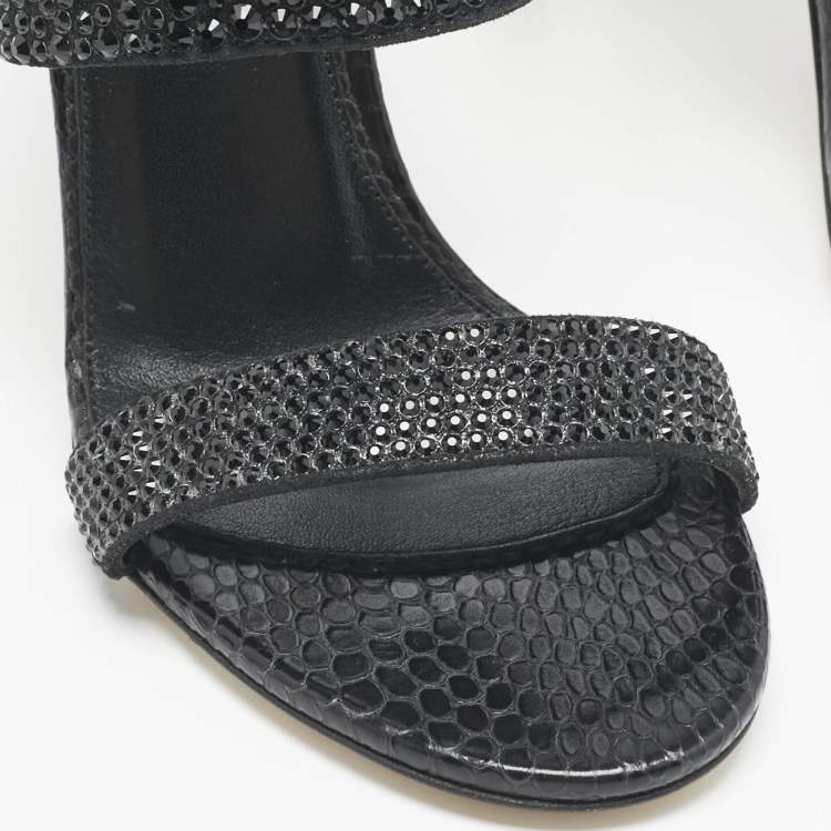 Pre Owned Le Silla Black Snakeskin Embossed Leather and Suede Crystal Embellished Slide Sandals Size 37.5