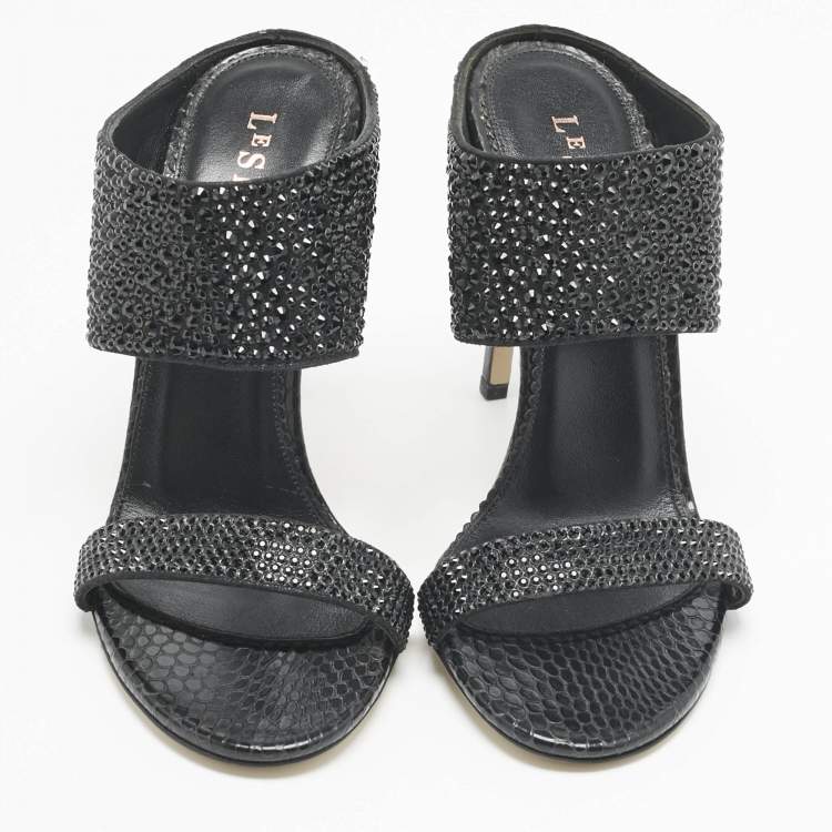 Pre Owned Le Silla Black Snakeskin Embossed Leather and Suede Crystal Embellished Slide Sandals Size 37.5