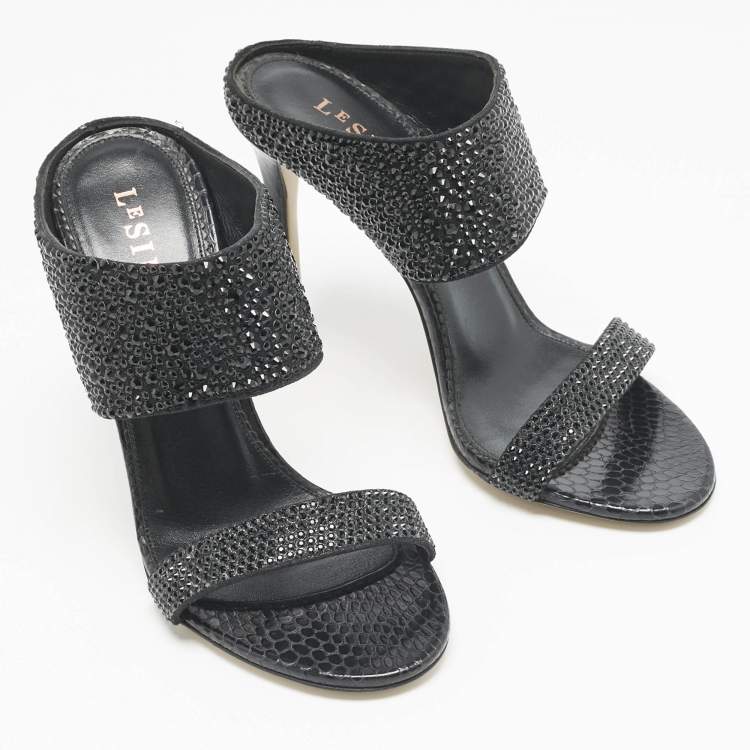Pre Owned Le Silla Black Snakeskin Embossed Leather and Suede Crystal Embellished Slide Sandals Size 37.5