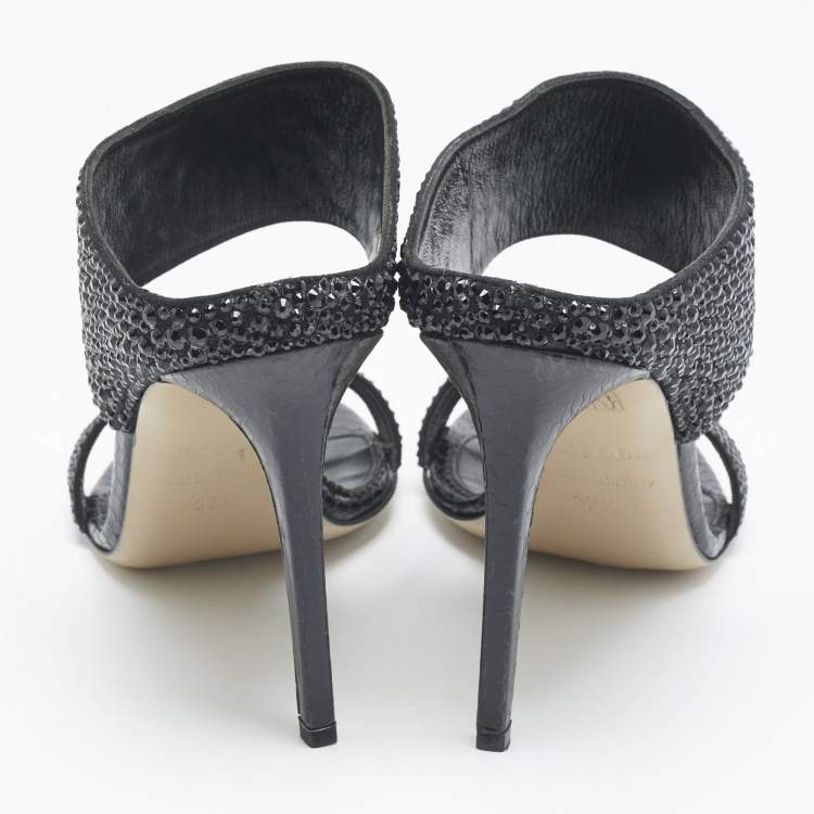 Pre Owned Le Silla Black Snakeskin Embossed Leather and Suede Crystal Embellished Slide Sandals Size 37.5